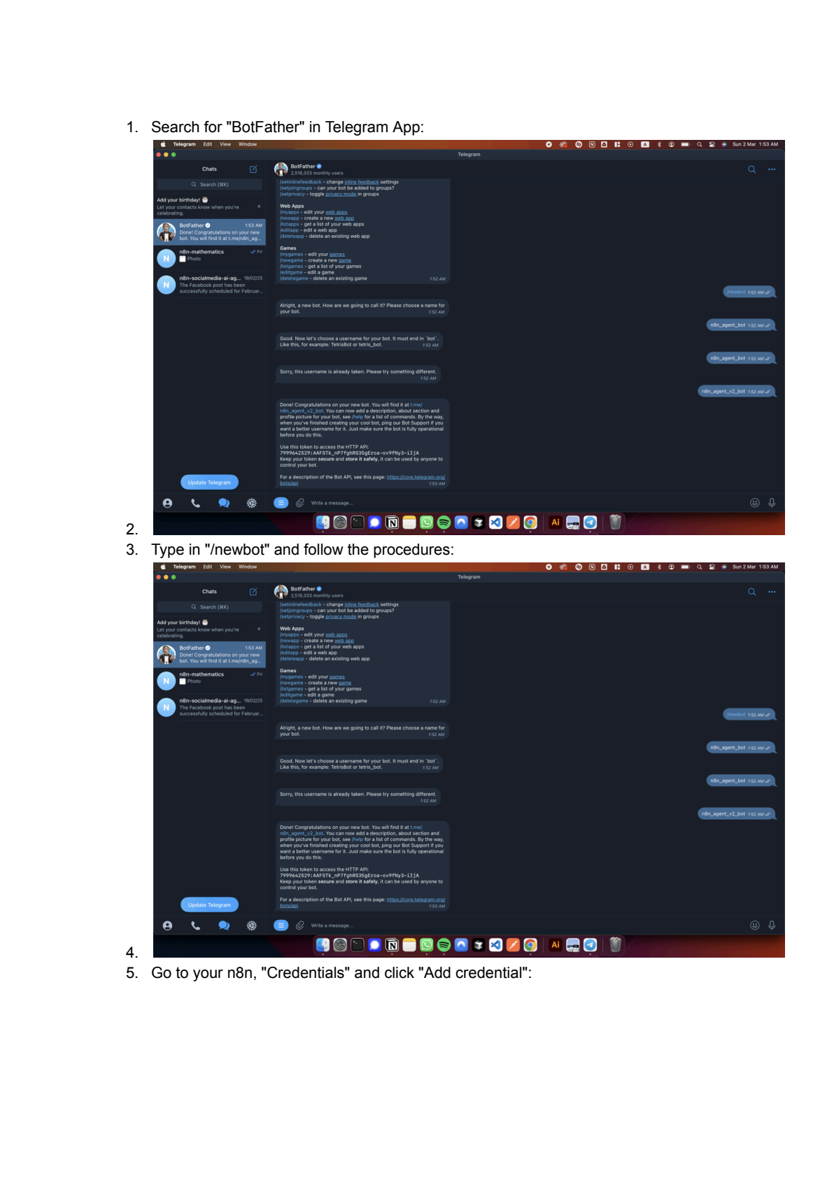 BotFather slash commands en Telegram Bot API in n8n afbeelding 1